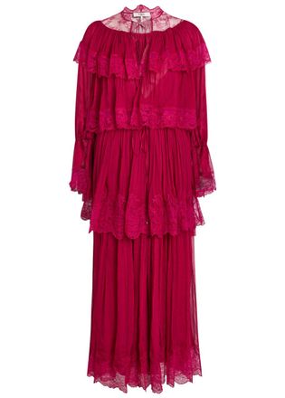 Chlo&eacute; Ruffled Lace-trim Tiered Silk Maxi Dress - Pink - 38 (UK10 / S)