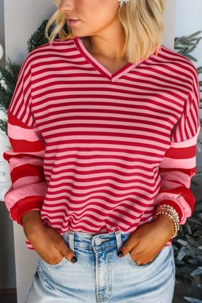 Azura Exchange Womens Striped Long Sleeve Top - Light Pink Cotton - Size Large