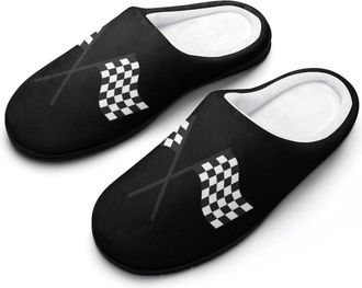 Generic White And Black Checkered Racing Flag Funny Mens Cotton Slippers Soft Non-Slip Rubber Sole House Slipper Indoor Outdoor