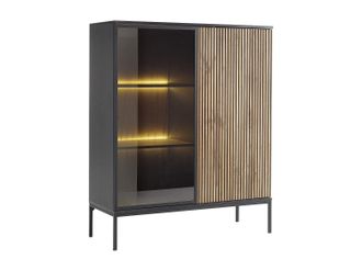Vente-Unique Vitrina de 2 puertas con LED en MDF y vidrio ahumado - Negro y Natural - OVILA