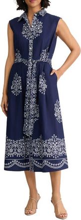 Jones New York Placed Print Sleeveless Stretch Cotton Midi Shirtdress in Pacific Navy Multi at Nordstrom, Size X-Large