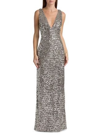 Ramy Brook Ellie Sleeveless V Neck Gown In Platinum Sequin