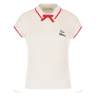 Valentino Garavani Polo Shirts, female, White, Size: M Waffle-Knit Polo with Bow Collar