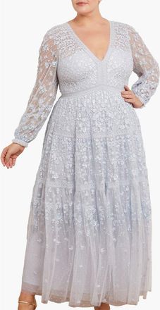 Needle & Thread Celestia Ribbon Long Sleeve V-Neck Gown in Blue at Nordstrom, Size 16