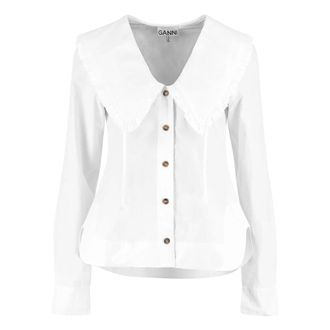Ganni Overhemden, Dames, Wit, L, Katoen, Maxi kraag katoenen overhemd