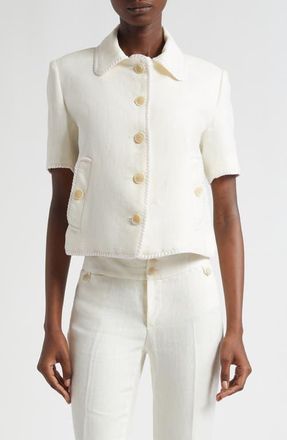 Etro Short Sleeve Crop Linen Jacket in Bianco Naturale at Nordstrom, Size 14 Us