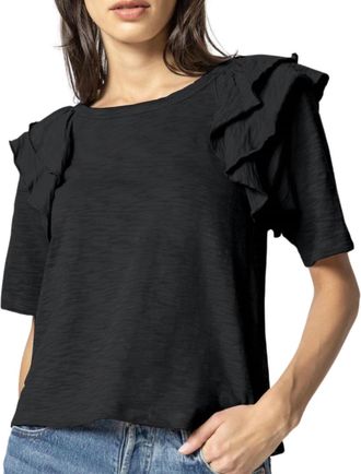 Lilla P Womens Elbow Sleeve Ruffle Crewneck Top In Black