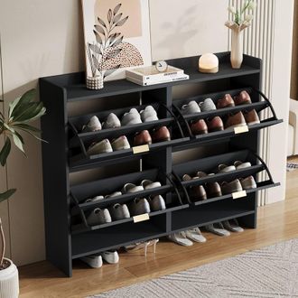 Matteo Modern Black Shoe Cabinet with 4 Flip Drawers & Open Shelves