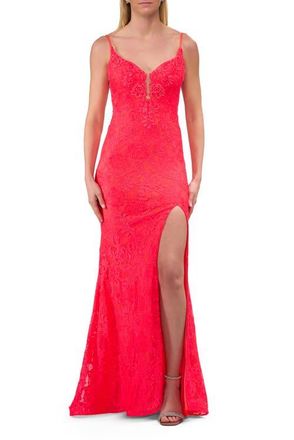 La Femme Lace Dress with Deep V-Neck and Rhinestones in Hot Coral at Nordstrom, Size 00