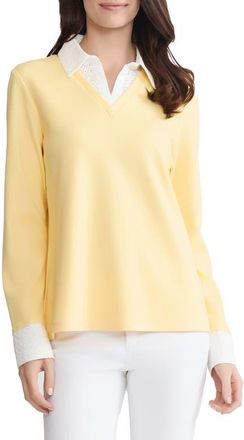 Jones New York Embroidered Eyelet Trim Long Sleeve Twofer Top in Cornsilk/Natural White at Nordstrom, Size X-Small