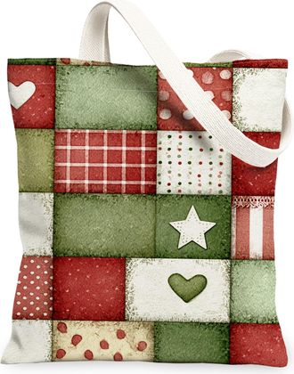 Generic Holiday Patchwork Canvas Tote Bags, Festive Square Pattern Reusable Grocery Bags, Winter Rustic Lightweight Washable Should, Red and Green, 13x15 Inch