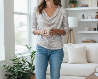 Vince Camuto Sequin Draped Neckline Top In Silver