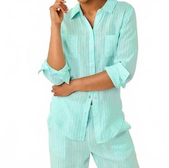 Lilly Pulitzer Sea View Button Down Shirt In Mint Condition X Capri Blue Saint Tropez Stripe