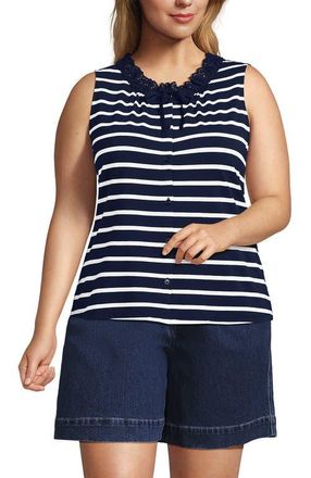 Lands End Plus Size Lightweight Jersey Button Front Lace Trim Tank in Deep Sea Navy Clean Stripe at Nordstrom, Size 1X