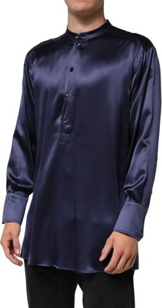 Dolce & Gabbana Navy Silk Long Sleeve Mandarin Collar Mens Shirt (Pre-Owned)