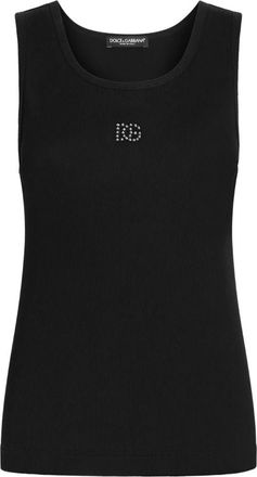 Dolce & Gabbana Geribbelde tanktop met DG-borduursel en strasssteentjes - Dames - Tops zonder mouwen - Zwart - S - Katoen - Tops