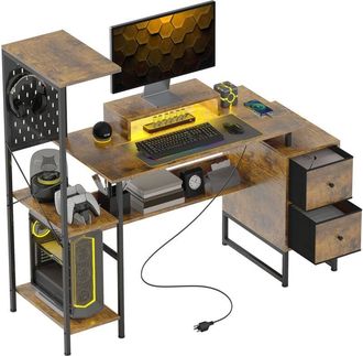 HOMCOM Escritorio industrial con luces led estación de carga soporte para monitor control remoto y tablero perforado 142x50x126,5 cm marrón rústico - Homcom