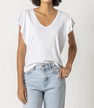 Lilla P Flutter Sleeve V-Neck Tee In White