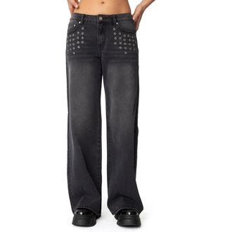 Edikted Grommet Low Rise Baggy Wide Leg Jeans in Black at Nordstrom, Size Medium