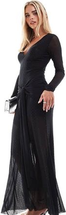 Forever New Vestito lungo a maniche lunghe nero con scollo profondo e decorazioni fissate a caldo