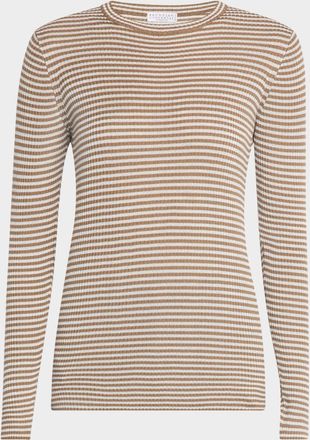 Brunello Cucinelli Shimmering Thin Rib Stripe Cashmere and Wool Long-Sleeve Top