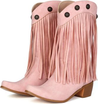 Generic Womens Pointed Toe PU Leather Mid-Calf Boots Pull on Tassel Long Boots Block Heel Western Cowboy Boot,Pink,8.5 UK