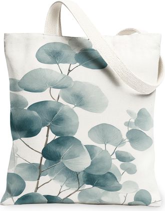 Generic Leaf Print Canvas Tote Bags, Stylish Plant Pattern Reusable Grocery Bags, Spring Vintage Lightweight Washable Shoulder Stra, Blue, 13x15 Inch