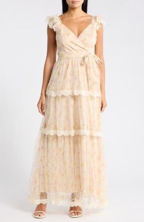 Lulus Lucia Cap Sleeve Lace Tiered Maxi Dress in Taupe Floral at Nordstrom Rack, Size X-Large