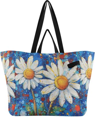 Generic Flower White Blue print Reusable Canvas Tote Bag, Heavy Duty Grocery Shopping Bag with Double Handles Large Capacity Hard Bottom Work Groceries Travel