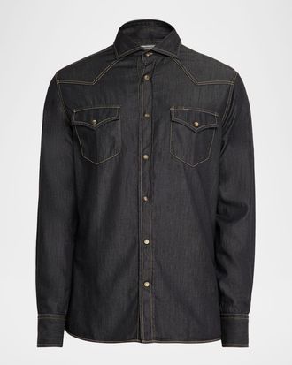 Brunello Cucinelli Mens Lightweight Denim Western Shirt