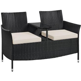Yaheetech Divano da Giardino 2 Posti in Rattan pe, Poltrona con Portabicchieri in Vetro Temperato per Giardino Bordo Piscina Cortile Terrazza Nero/Beige
