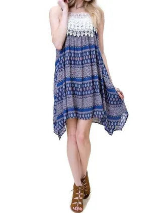 Greek Archaic Kori Asymmetrical Aztec Tank Dress In Blue
