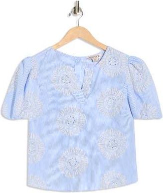 Nanette Lepore Embroidered Stripe Puff Sleeve Top in Blue/White Stripe at Nordstrom Rack, Size X-Large