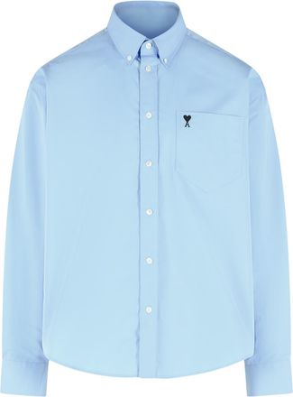 Ami Boxy Light Blue Cotton Shirt with Embroidered Detail