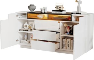 STILVORA Aparador Con 2 Puertas, 3 Cajones, 2 Nichos Semiabiertos Y Led Para Sal&oacute;n En Tablero De Part&iacute;culas Blanco