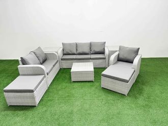 Fimous Patio PE Wicker 8 Seater Outdoor Rattan Furniture Sofa Sets w/ Square Coffee Table Reclining Chair Loveseat Sofa 3 Seater Sofa 2 Big