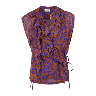 Dries Van Noten Overhemden, Dames, Veelkleurig, S, Gedrukte Ruche Wikkelblouse