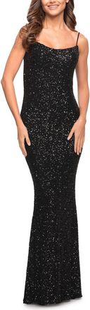 La Femme Lovely Long Soft Sequin Dress with Scoop Neck in Black at Nordstrom, Size 10