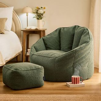 Icon Brand Boucle Sirena Accent Chair & Footstool Bundle in Olive