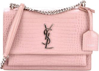 Saint Laurent Pink Croc-Embossed Leather Sunset Crossbody Medium (Authentic Pre-Loved)