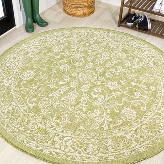 Jonathan Y Designs Tela Bohemian Textured Weave Floral Indoor/Outdoor Round Area Rug in Green/cream at Nordstrom, Size 5Ft 0In X 5Ft 0In
