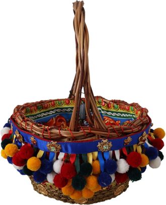 Dolce & Gabbana Womens Wicker Basket With Pompom Trim Tote Multicolor