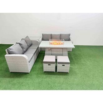 Fimous Outdoor Garden Furniture Sets 8 Seater Wicker Rattan Furniture Sofa Sets with Firepit Dining Table high Back Lounge Sofa 2 Big Footstool 2 Side Table