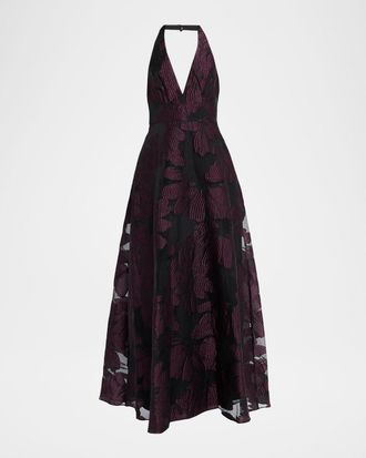 Aidan Mattox Deep V-Neck Floral Jacquard Organza Gown