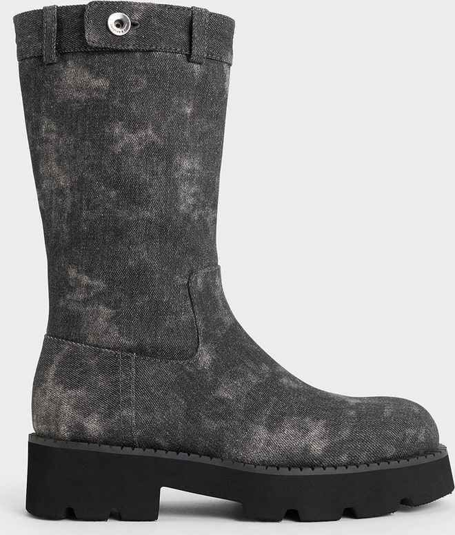 Denim Side-Zip Lug-Sole Calf Boots