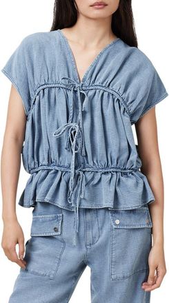 AllSaints Remy Gathered Tie Front Denim Top in Light Blue at Nordstrom Rack, Size 10 Us / 14 Uk