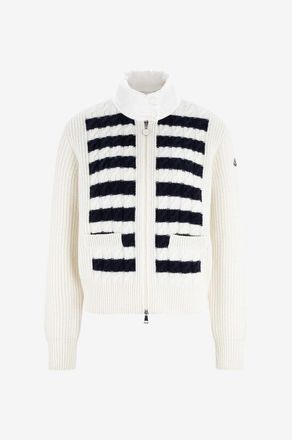 Moncler Gestreifter Zopfstrick-Cardigan mit Daunenteilen