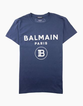 Balmain Mens Balmain Printed White Velvet Logo T-Shirt Navy - Size: 38