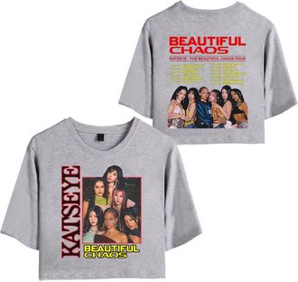 Generic KATSEYE 2025 The Beautiful Chaos Tour Merch Crop T-Shirt - Womens Short Sleeve EYEKONS Fan Support Tee Concert Apparel for Fans (Grey,S)