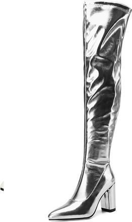 Generic Silver,3.5 UK,Womens Tall Over The Knee Boots Thigh High Fall Block Chunky Heeled Knee High Long Boots with Fashion Pointy Toe and Side Zipper